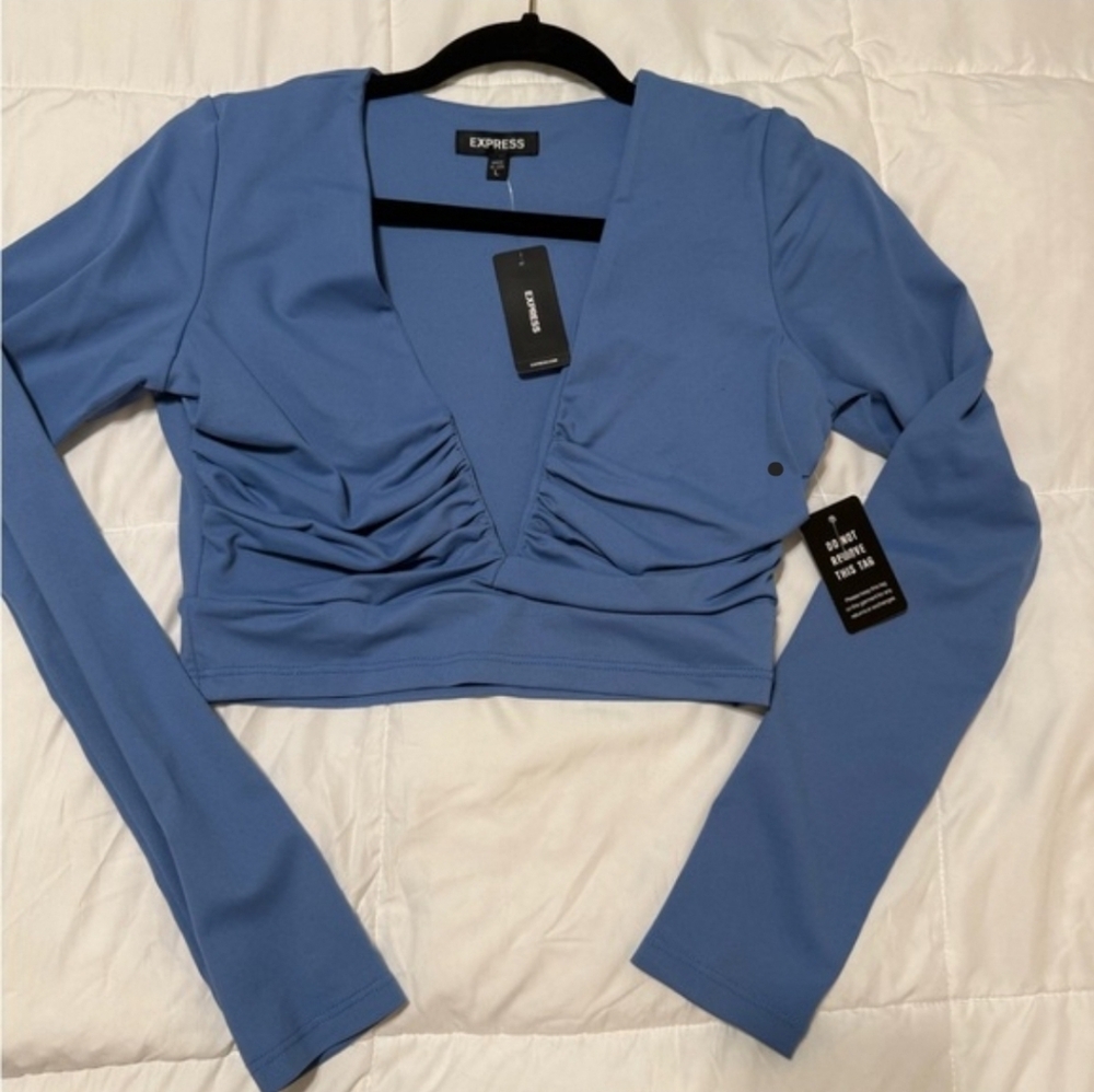 EXPRESS V NECK LONG SLEEVE RUCHED CROPPED TOP